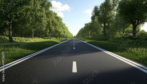 Road asphalt perspective with plant on side with white mark line