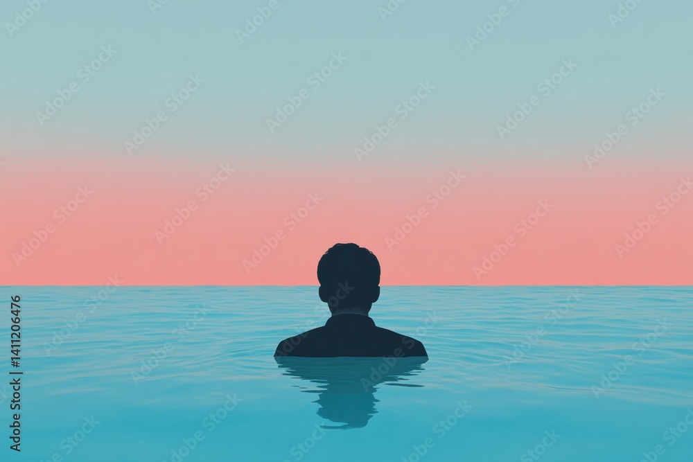 A silhouette of a person stands in calm water, gazing at a serene, pastel-colored sky at dusk. A silhouette of a person stands in calm water, gazing at a serene, pastel-colored sky at dusk.