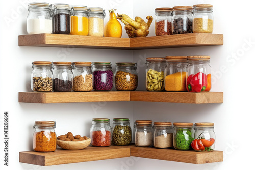 Wooden shelf filled with various jars and bottles, neatly organized and labeled.