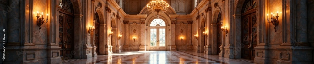 Obraz premium Grand entrance hall with ornate details and chandelier, sophisticated decor, elegant atmosphere