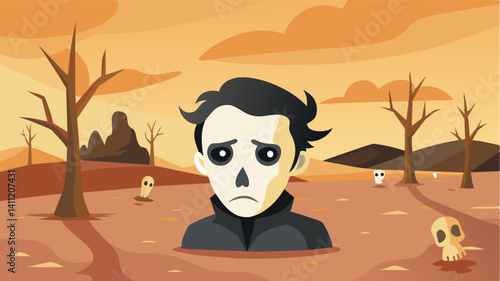 The brittle bones of a cow lie in the dry field surrounded by desolate landscapes and barren trees a melancholic portrait of the harsh world in which livestock must survive.. Vector illustration