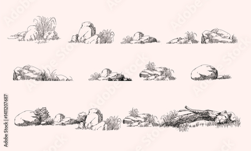 Stone, rock hand drawing nature element isolated on white background. Natural rocky slate lump engraving hand drawn in retro style.