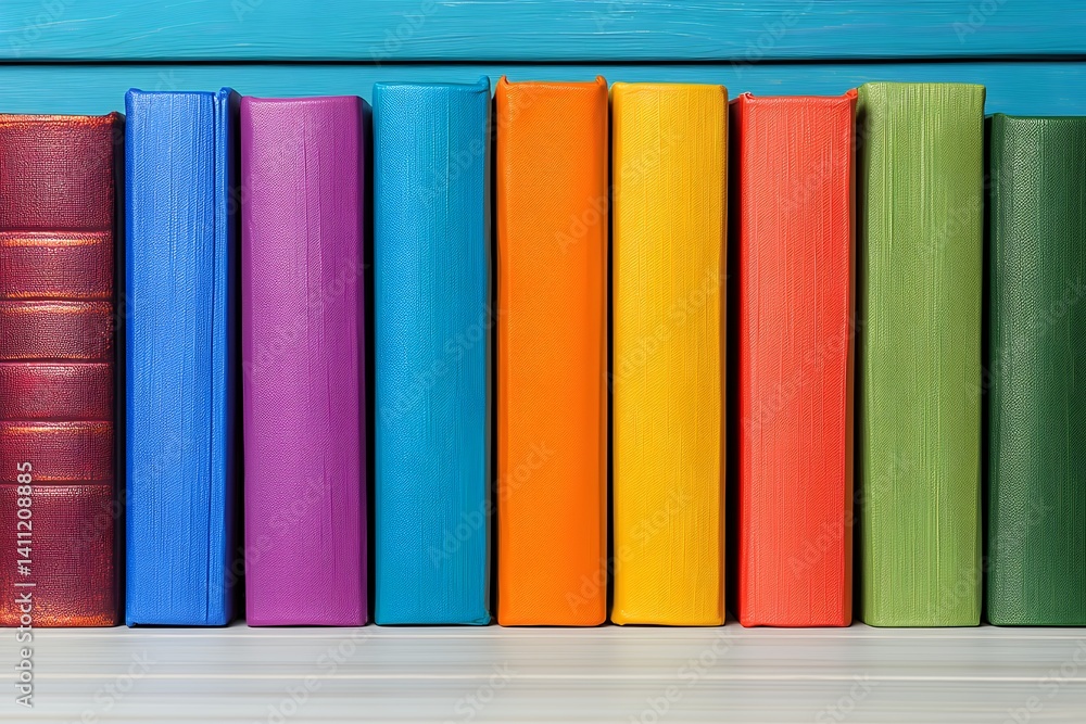 Naklejka premium Colorful Books on Wooden Shelf Against Blue Background