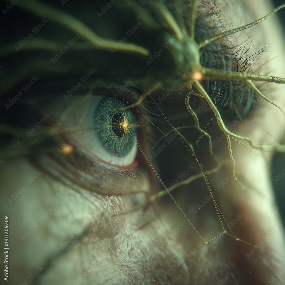 A human portrait, part glass and glowing with fractal neurons, suspended in a void with geometric lines, embodying the philosophical beauty of the mind.