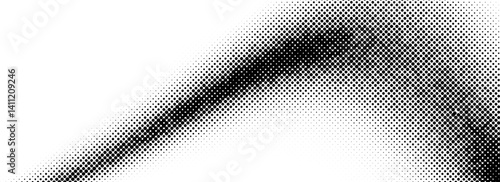 Black halftone wave background. Abstract grain fluid texture. Dotted curved flowing dot wallpaper. Grit swoosh overlay element for poster, banner, template, brochure, flyer, leaflet. Vector backdrop