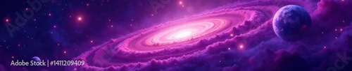 Swirling purple nebula with stars and planets, galaxy, purple hue, planets