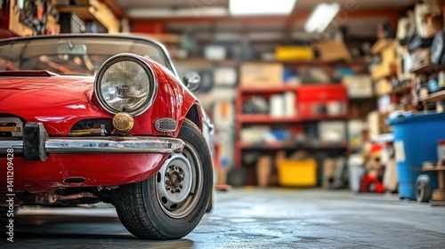A classic red car is parked inside a cluttered garage