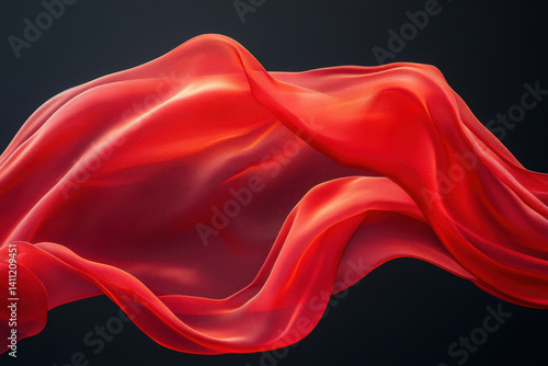 Red silk fabric billowing gracefully against a black backdrop, creating a striking contrast with its vibrant color.