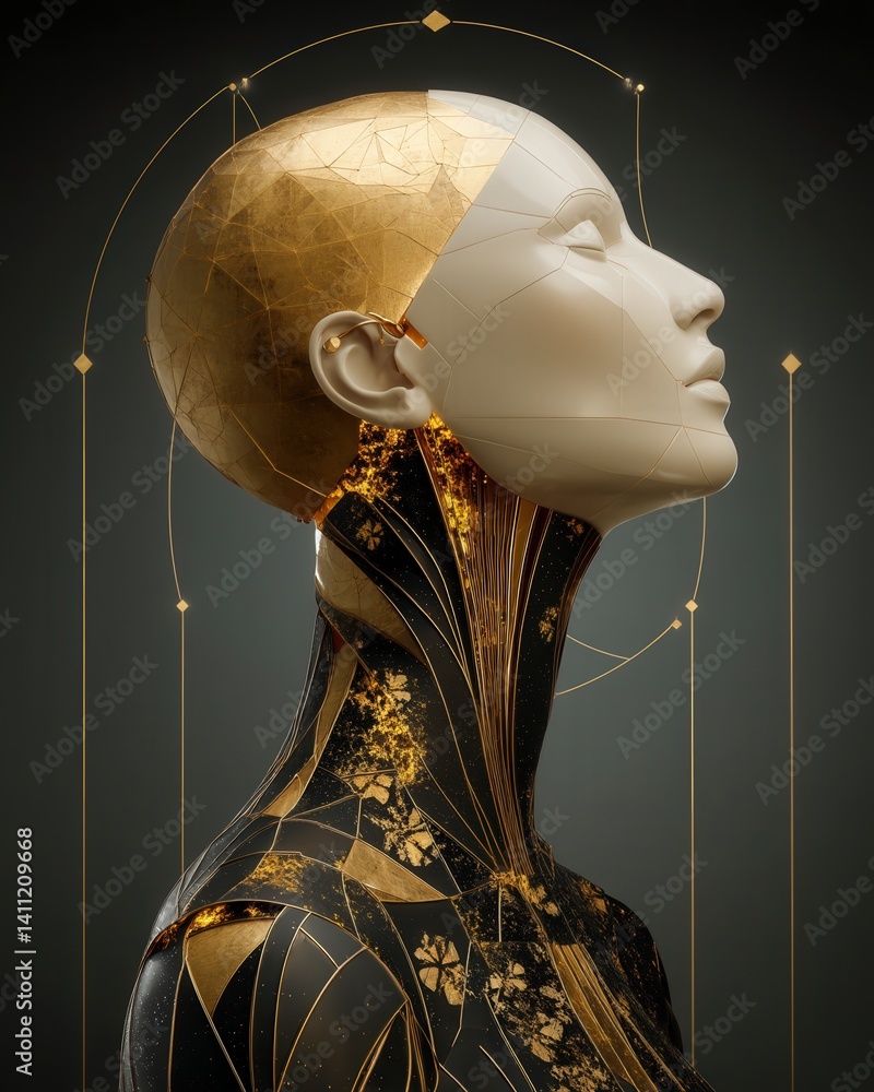 A human portrait, part glass and glowing with fractal neurons, suspended in a void with geometric lines, embodying the philosophical beauty of the mind.