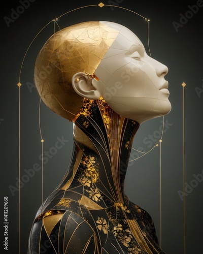 Obraz na płótnie A human portrait, part glass and glowing with fractal neurons, suspended in a void with geometric lines, embodying the philosophical beauty of the mind. w salonie