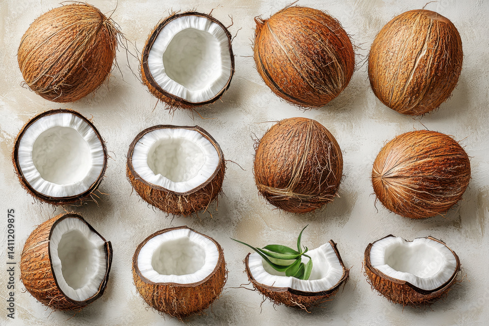 Coconuts on a white surface, with vibrant green leaves. Coconuts on a white surface, with vibrant green leaves.
