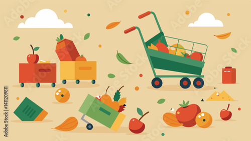 The empty carts and abandoned produce suggest a hasty and unexpected departure as if the vendors left in such a hurry that they had no time to clean up or pack up their goods.. Vector illustration