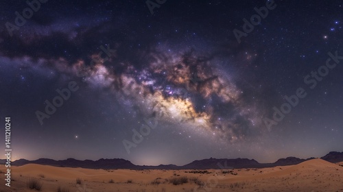 Galactic core of Milky Way shining brightly above vast barren desert landscape stars clustered densely center soft moonlight casting shadows on the sand dunes clear dark sky with faint distant stars