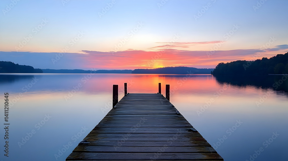 Tranquil Wooden Dock At Sunrise Over Calm Lake Tranquil Wooden Dock At Sunrise Over Calm Lake