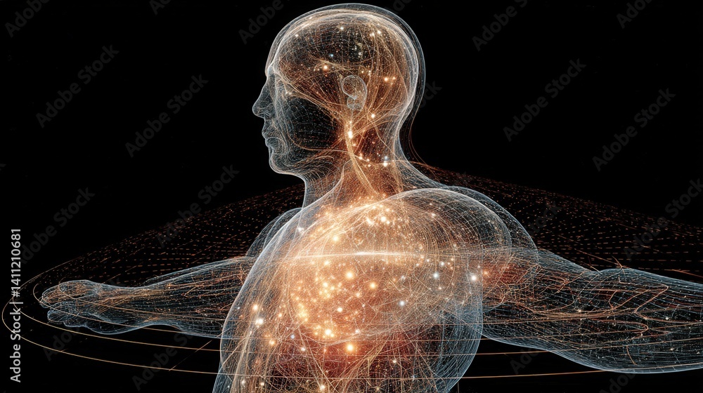 A human portrait, part glass and glowing with fractal neurons, suspended in a void with geometric lines, embodying the philosophical beauty of the mind.