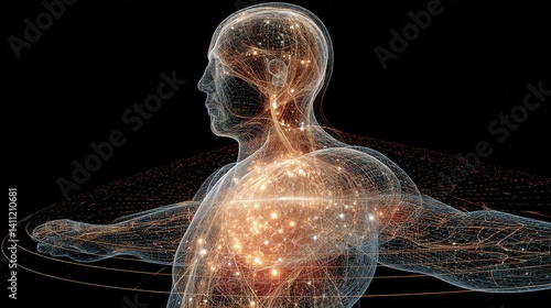 Obraz na płótnie A human portrait, part glass and glowing with fractal neurons, suspended in a void with geometric lines, embodying the philosophical beauty of the mind. w salonie