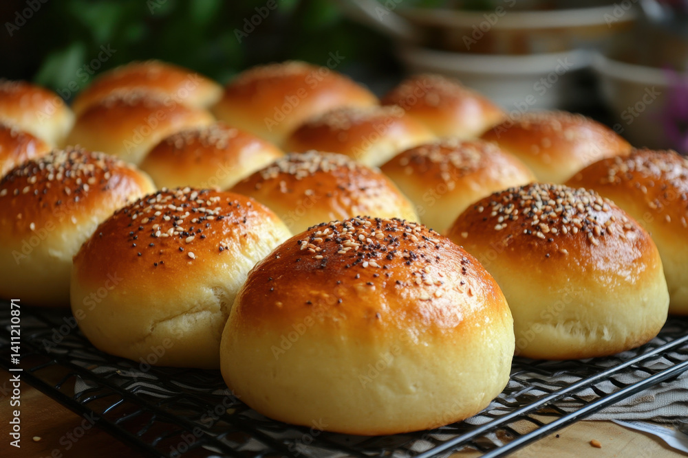 Tray of buns with sesame spill. Tray of buns with sesame spill.