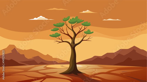 Despite the desolation surrounding it the solitary tree stands tall as a beacon of resilience and strength.. Vector illustration