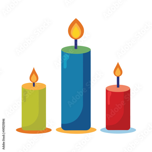 Three burning candles glow with warm candlelight against a dark blue background, suggesting a romantic or holiday celebration