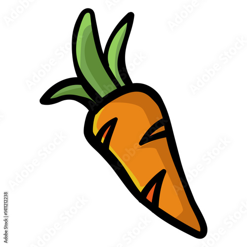 Handdrawn doodle of a fresh harvested carrot with leafy top great for garden use