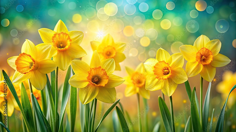 Obraz premium Vibrant Bokeh Effect with Daffodils as a Card Design for Spring Celebrations and Floral Greetings