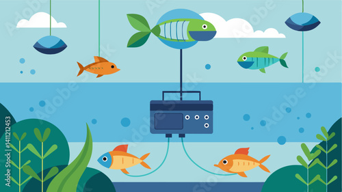 Smart algae monitors and control systems ensure optimal levels of algae are present in the water providing a vital food source for aquatic creatures while preventing overgrowth. Vector illustration