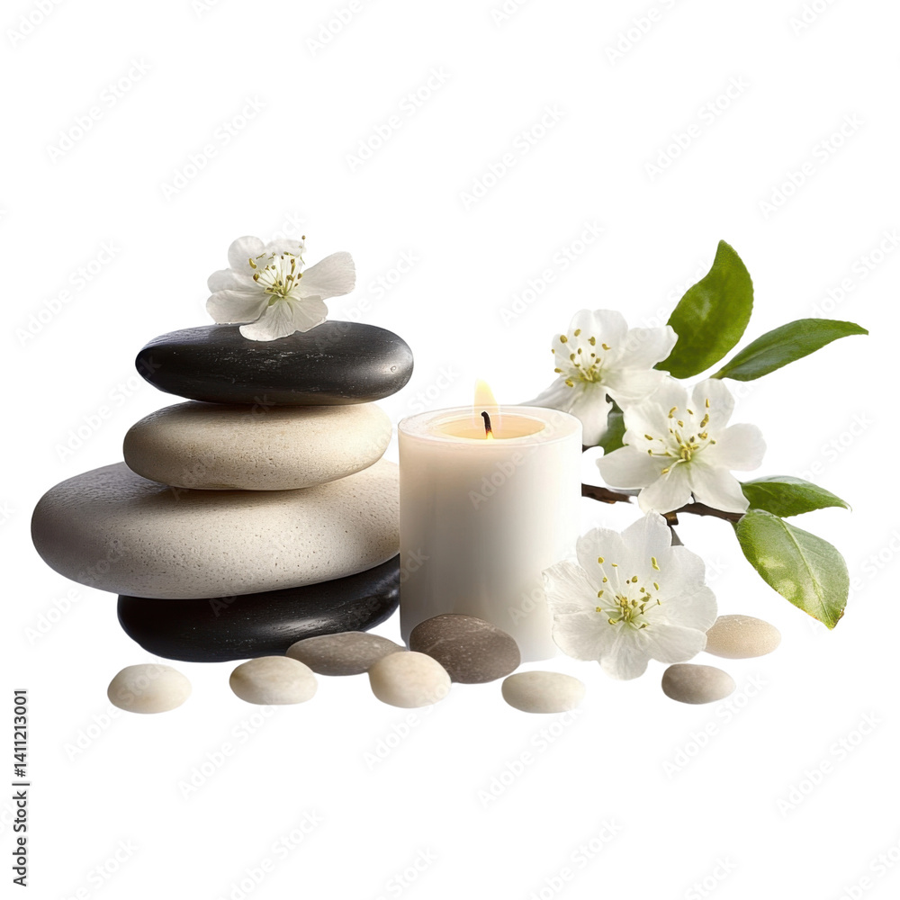 spa stones, candle and white flowers still life spa stones, candle and white flowers still life