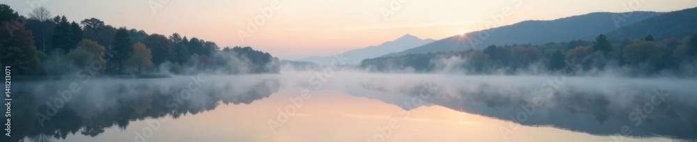 Silvery mist rising from a serene gray lake at dawn, background, lake Silvery mist rising from a serene gray lake at dawn, background, lake