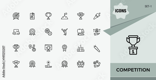 Competition simple icon set. Contains outline symbols like champ, competitive, fight, trophy and more. Rival related icon set. Vector illustration. Set-1