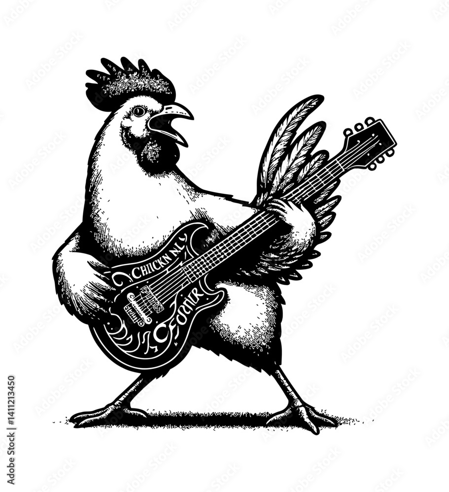 Fototapeta premium Chicken singing on stage with microphone wearing sunglasses illustration, rockstar pose