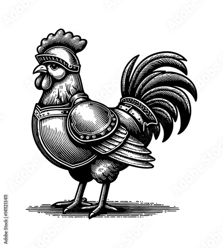 Cartoon Chicken Dressed as a Knight, Standing Courageously for Battle, Mascot Style