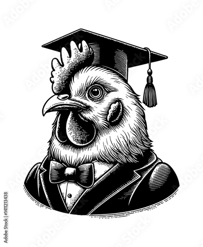 Abstract art showcasing a chicken in a professor's role against a dark backdrop.