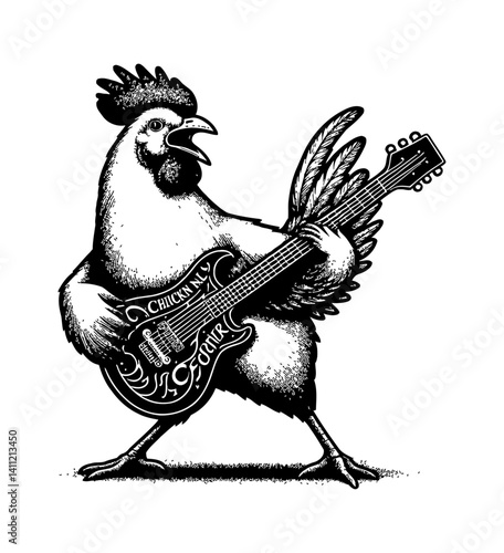 Chicken singing on stage with microphone wearing sunglasses illustration, rockstar pose