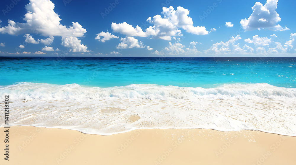 Obraz premium A beautiful beach with a clear blue ocean and white clouds in the sky