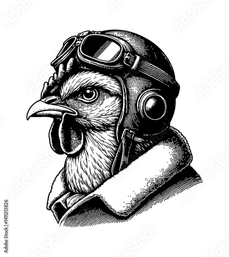 Funny Chicken Head Wearing Pilot Hat and Goggles Flying Plane with Happy Expression Illustration