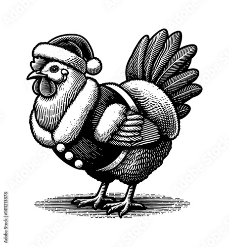 Festive chicken wears a Santa suit, celebrating Christmas in cute and adorable illustration