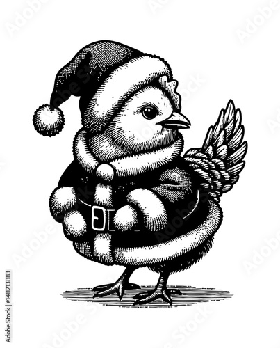 Festive chicken wearing santa costume celebrating christmas holiday season.