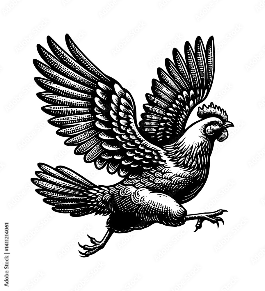 Obraz premium A Chicken Running Freely, Looking Energetic, Expressing Speed and Motion in the Dark Background