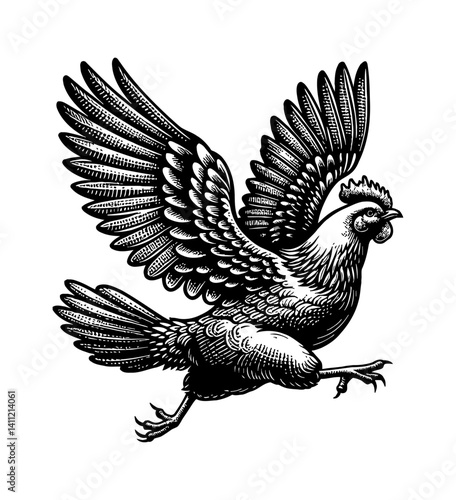A Chicken Running Freely, Looking Energetic, Expressing Speed and Motion in the Dark Background
