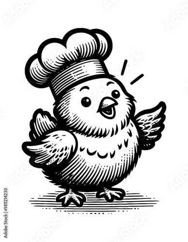 Tiny cute chicken as a chef holding pan and spatula preparing food with happy face