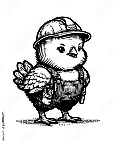 Cute tiny chicken wearing a construction worker helmet, looking determined and ready to work