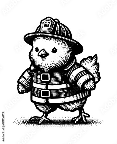 Tiny cute chicken wearing firefighter helmet, standing bravely for firefighting cartoon