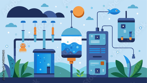 Automated water filtration systems constantly monitor and adjust pH levels dissolved oxygen levels and other crucial parameters to maintain a healthy aquatic environment.. Vector illustration