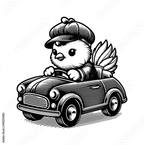 Tiny cute chicken driving car wearing trendy outfits with happy face illustration