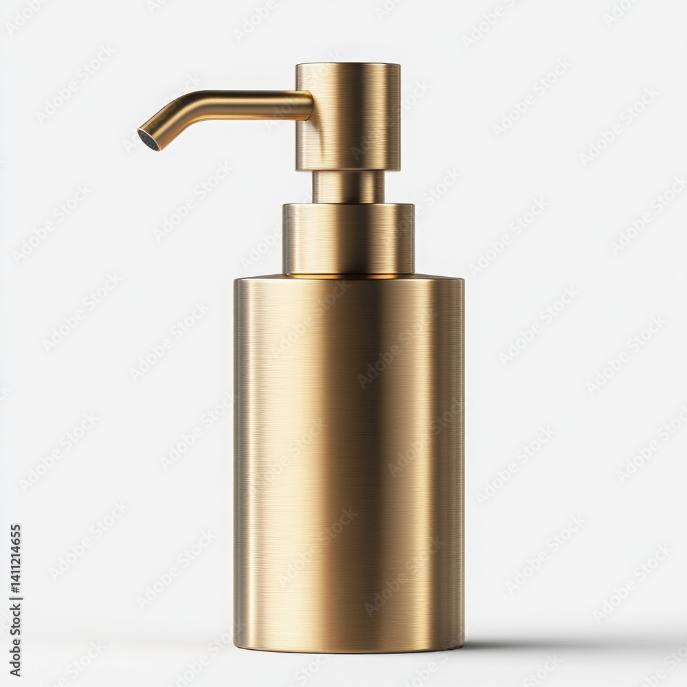 Obraz premium A golden cylindrical soap dispenser with a curved nozzle on a white background