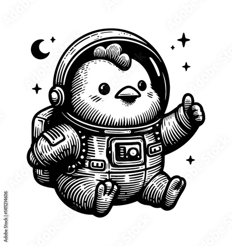 Tiny cute chicken wearing a space suit floating in space with stars background illustration