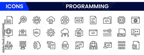 Programming and coding icon set. Software development icon collection. Contains such Icons as code, api, programmer, developer, information technology, coder and more