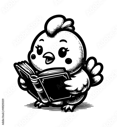 Tiny cute chicken writing a book with concentration and wearing glasses Illustration