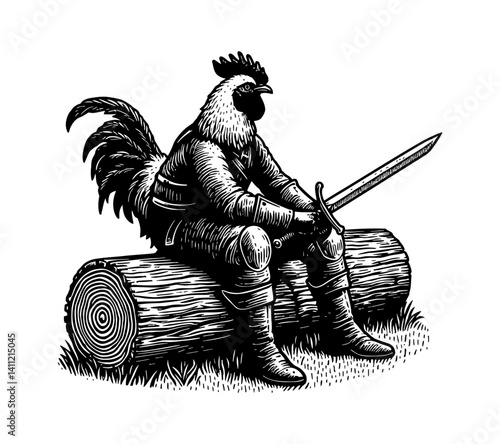 Chicken Swordsman Relaxing on Log Contemplating Life with Wanderer Outfit and Sword, Serene