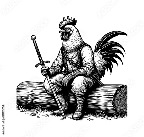 Chicken swordsman in casual pose sitting on log, wearing hat, holding sword